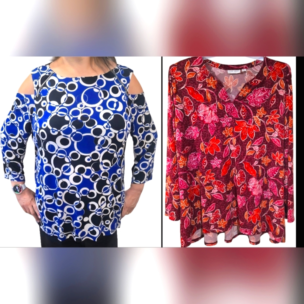 Bundle Of 2: Susan Graver‎ Blouses Women's 2X. Colorful Geometric and Floral.